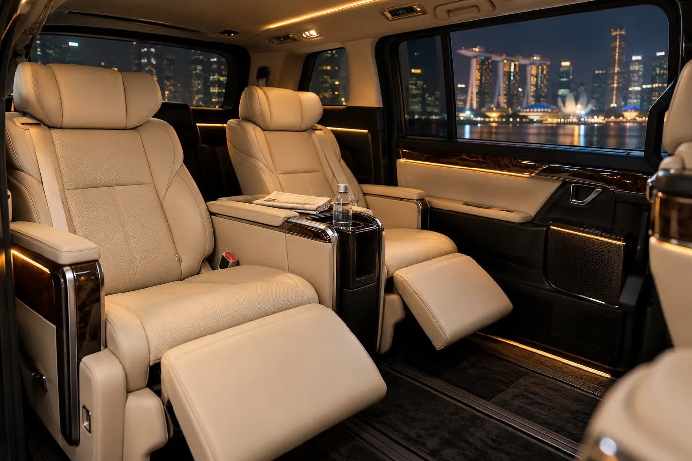 Cream leather captain seats inside an Alphard cabin at night